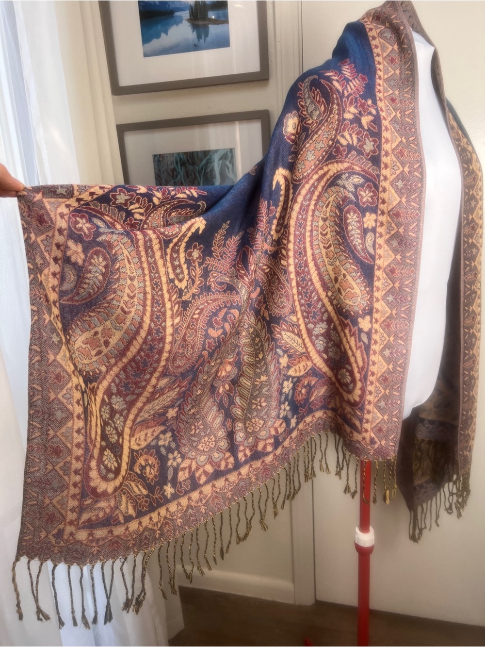 Waverly Celebrations Paisley Fringe Shawl Wrap Navy Burgundy | OS